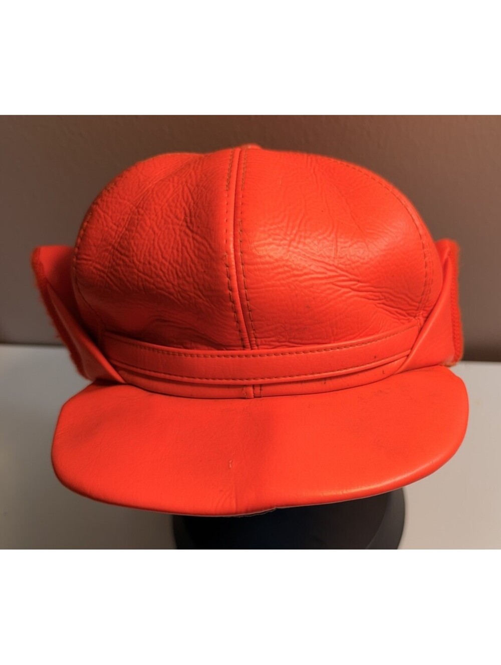 Vintage Leather Trapper Hat Cap Men’s Blaze Orange Ear Flaps
